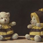 small oil painting on mdf, still life, stuffed animals, old master style